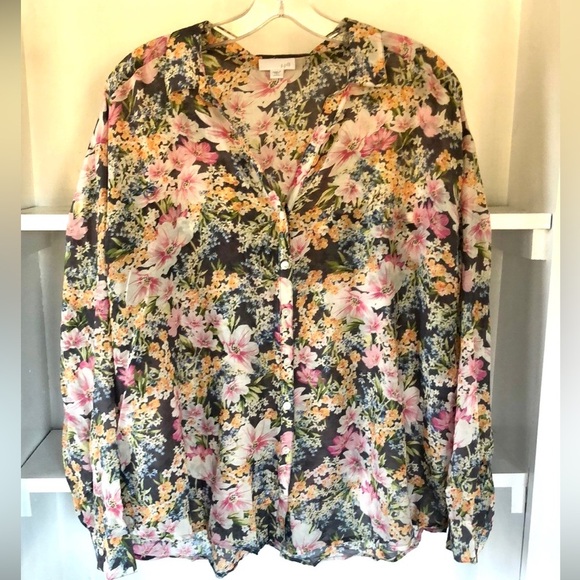 J. Jill floral cotton and silk blend long sleeve top size Large Petite - Picture 1 of 9